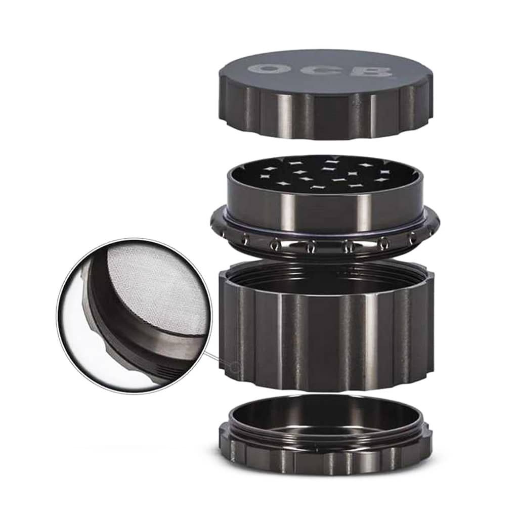 OCB - Aluminium Grinder 4 Parts - 55mm - Black and Silver - Wholesale Display 6 pcs