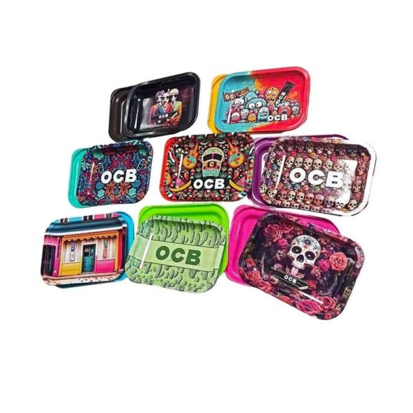 OCB Mini Rolling trays with lids - Mix designs - 18x14 - Wholesale Display 8 pcs