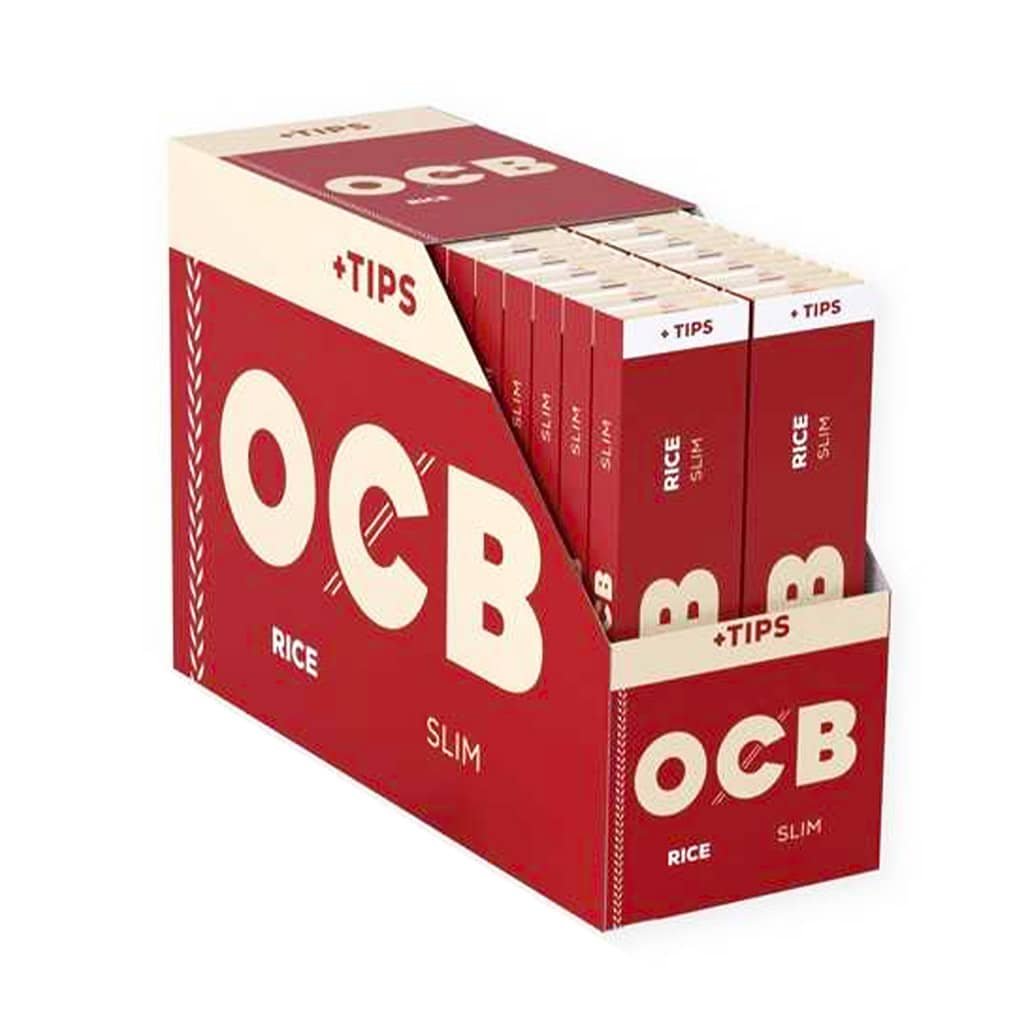 OCB Rice Ultra-Thin Slim Unbleached Rolling Paper + Tips - Wholesale Display 32 pcs