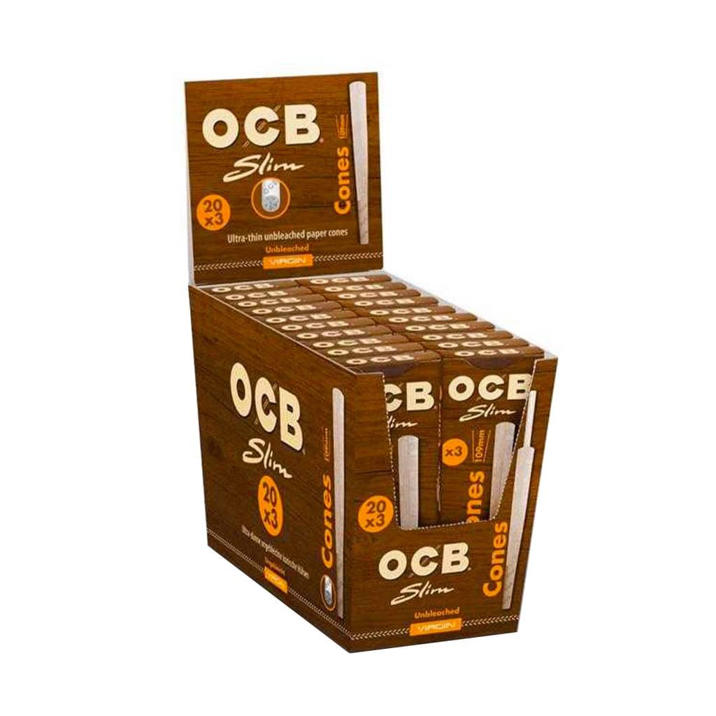 OCB Virgin 3pcs Ultra-Thin Slim Unbleached Cones 109mm - Wholesale Display 20 pcs