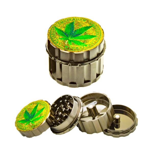 Metal Grinder - 4 Parts - Glitter Cannabis Leaf - Design A
