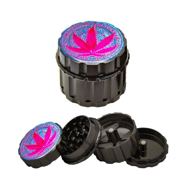 Metal Grinder - 4 Parts - Glitter Cannabis Leaf - Design C