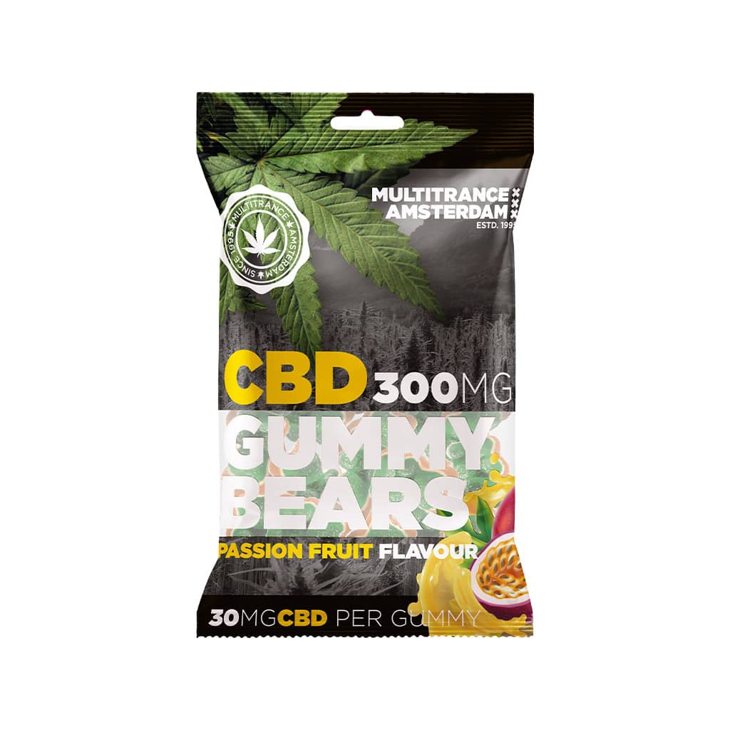 a delicious bag of Multitrance passion fruit flavoured CBD gummy bears with 300mg CBD per bag