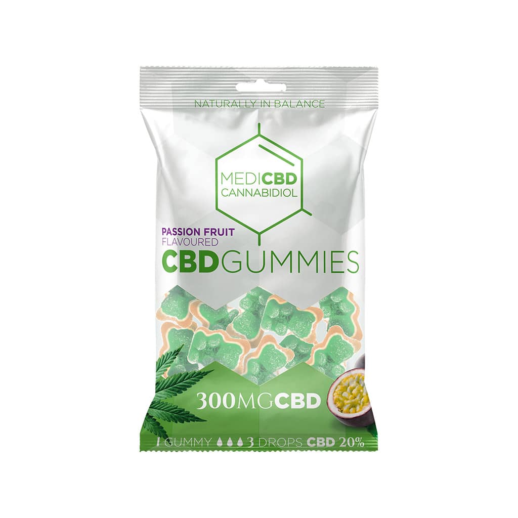 a delicious bag of MediCBD passion fruit flavoured CBD gummy bears with 300mg CBD per bag