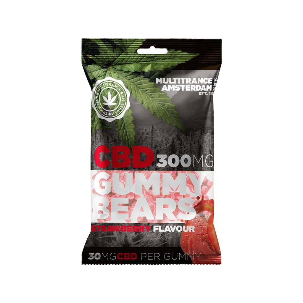 a delicious bag of Multitrance strawberry flavoured CBD gummy bears with 300mg CBD per bag