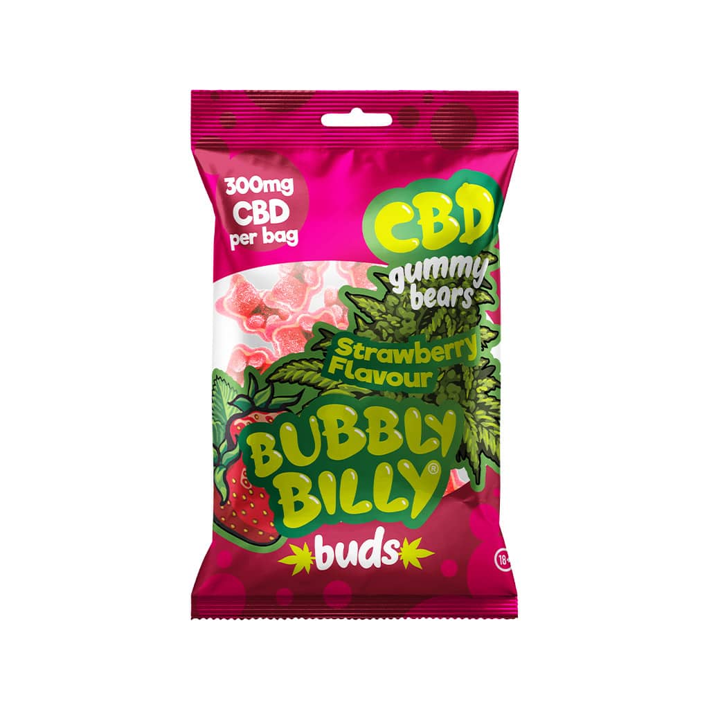 a delicious bag of Bubbly Billy Buds strawberry flavored CBD gummy bears with 300mg CBD per bag