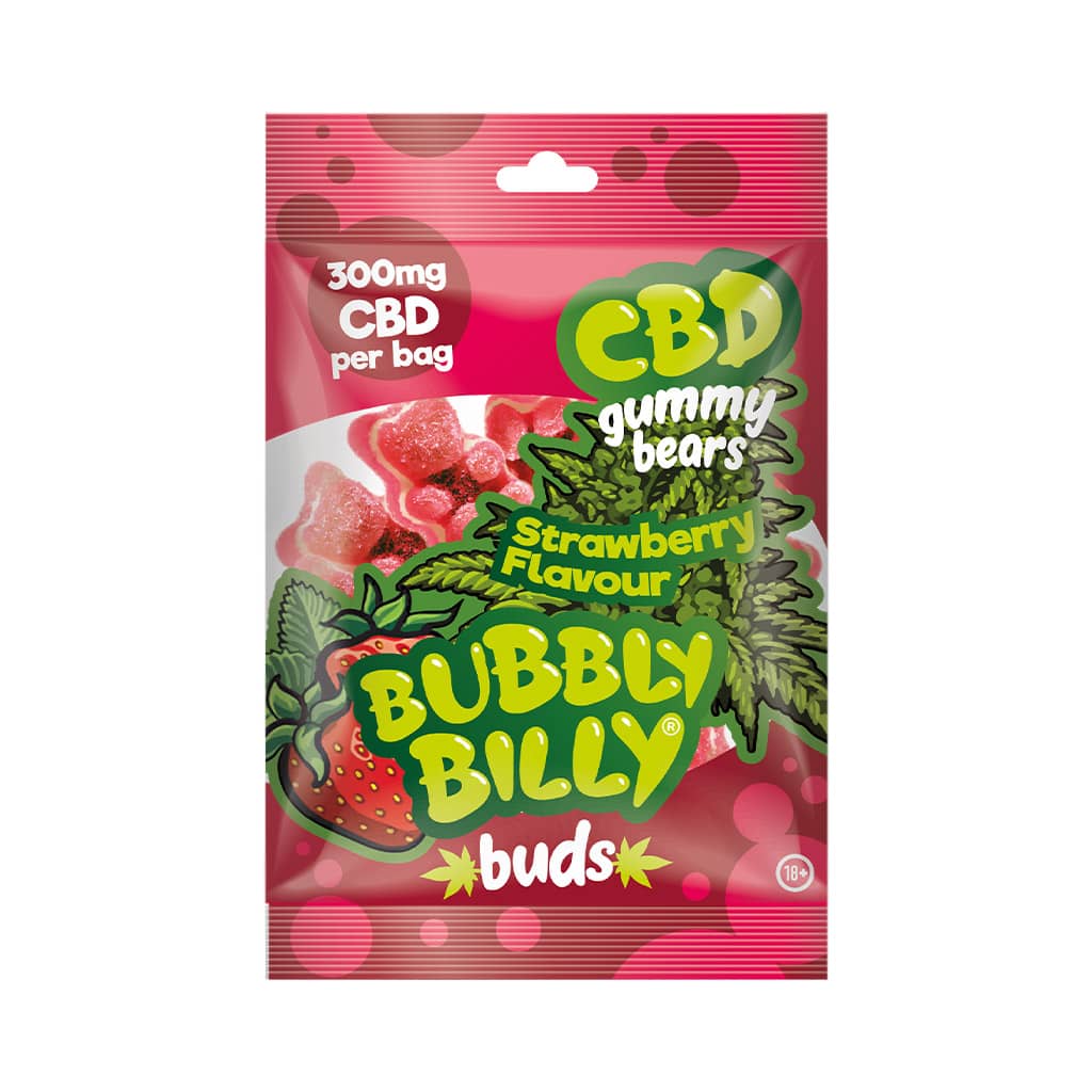 a delicious bag of Bubbly Billy Buds strawberry flavoured CBD gummy bears with 300mg CBD per bag