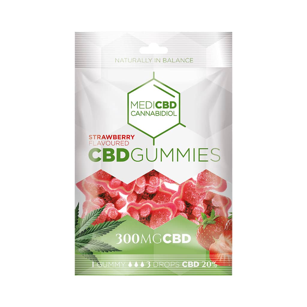 a delicious bag of MediCBD strawberry flavoured CBD gummy bears with 300mg CBD per bag