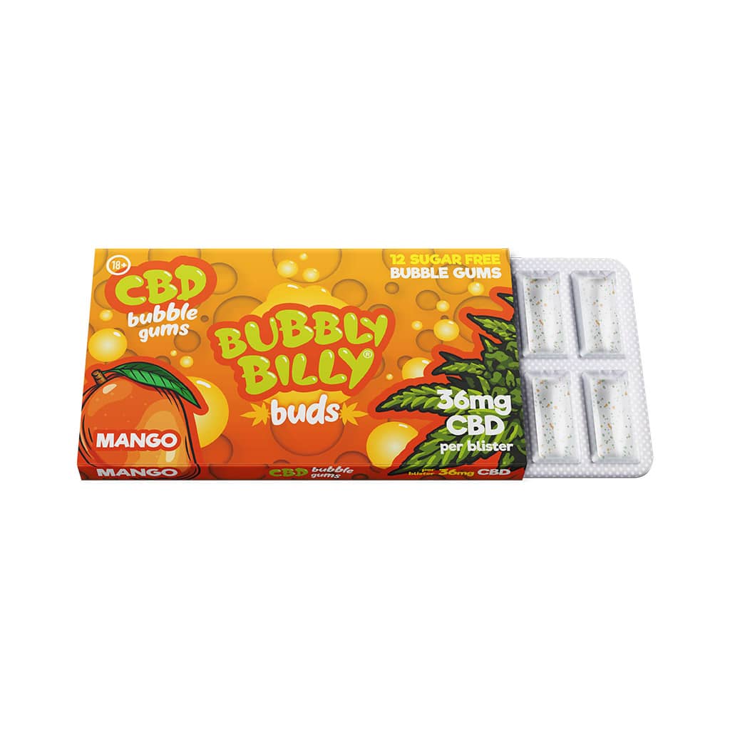 a blister of 12 Bubbly Billy Buds refreshing mango flavoured CBD chewing gum with 36mg CBD