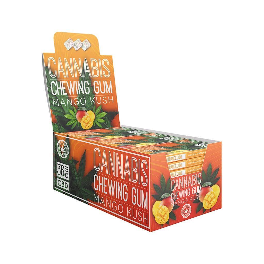 a display carton of Multitrance refreshing mango flavoured cannabis chewing gum with 36mg CBD