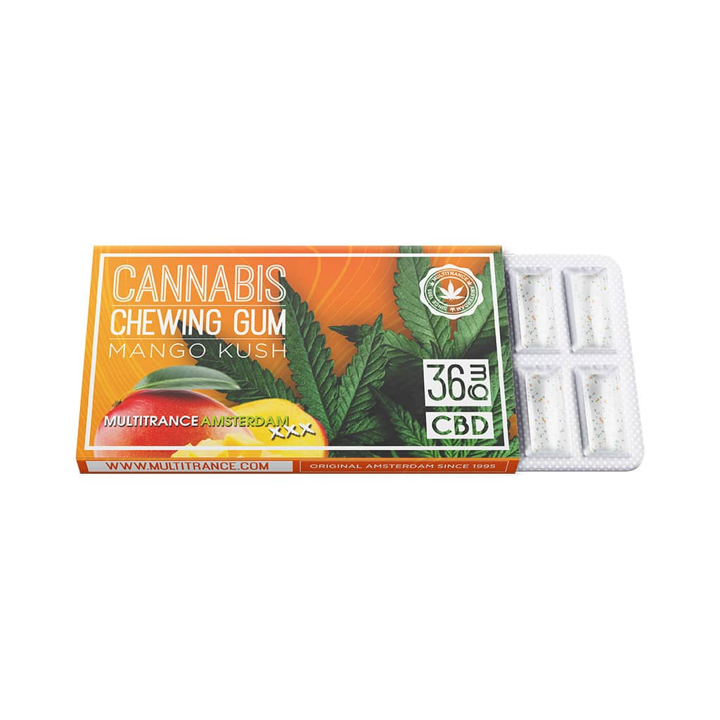 a blister of 12 Multitrance refreshing mango flavoured cannabis chewing gum with 36mg CBD