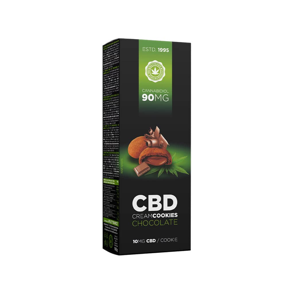 a delicious box of Multitrance CBD chocolate flavoured cream cookies with 10mg CBD per cookie