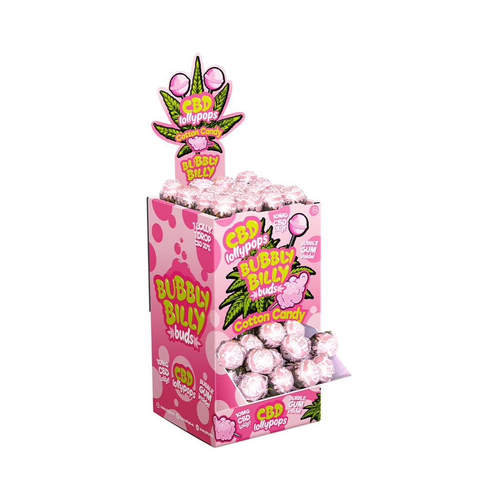 Bubbly Billy Buds 10mg CBD Cotton Candy Lollies with Bubblegum Inside – Display Container (100 Lollies)