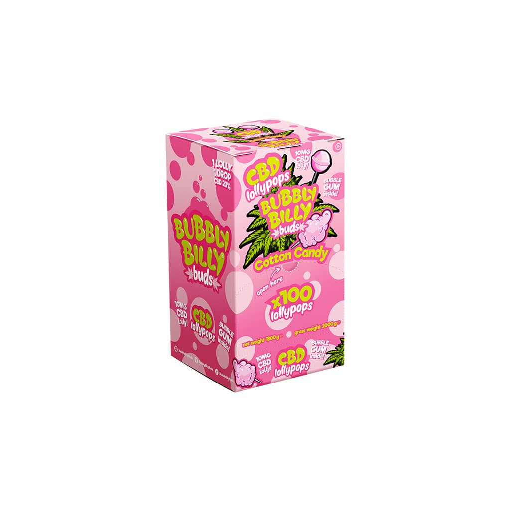 Bubbly Billy Buds 10mg CBD Cotton Candy Lollies with Bubblegum Inside – Display Container (100 Lollies)