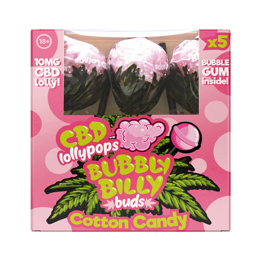 CBD Cotton Candy flavored lollies with bubblegum inside.