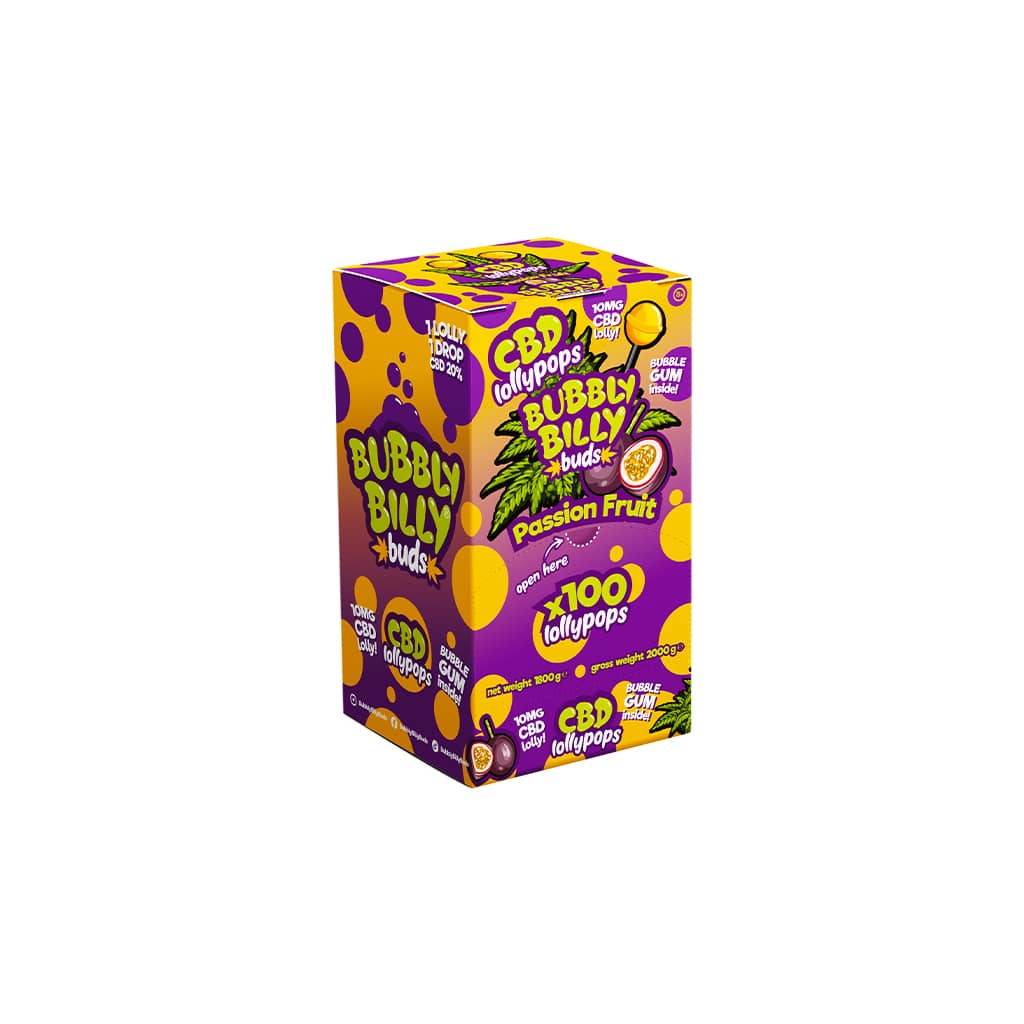 Bubbly Billy Buds 10mg CBD Passion Fruit Lollies with Bubblegum Inside – Display Container (100 Lollies)