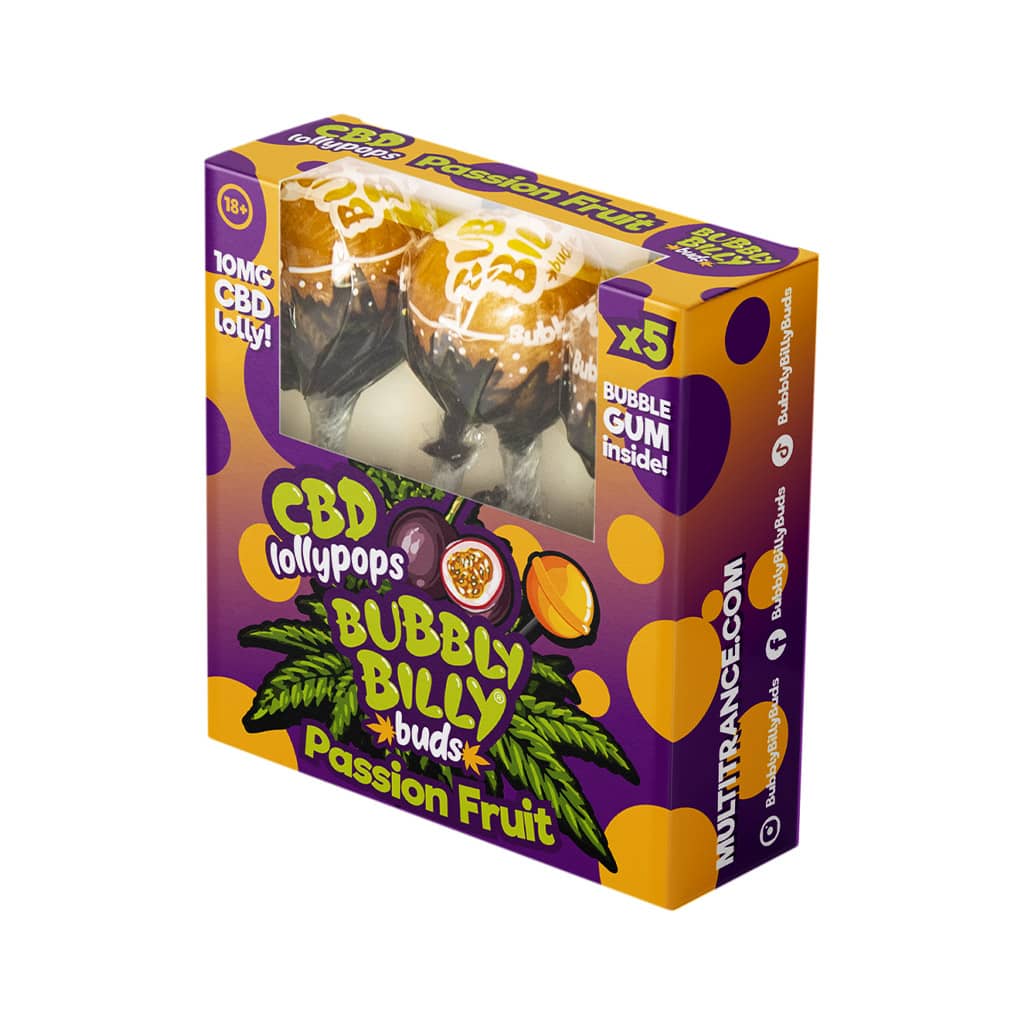 Bubbly Billy Buds 10mg CBD Passion Fruit Lollies with Bubblegum Inside – Gift Box (5 Lollies)