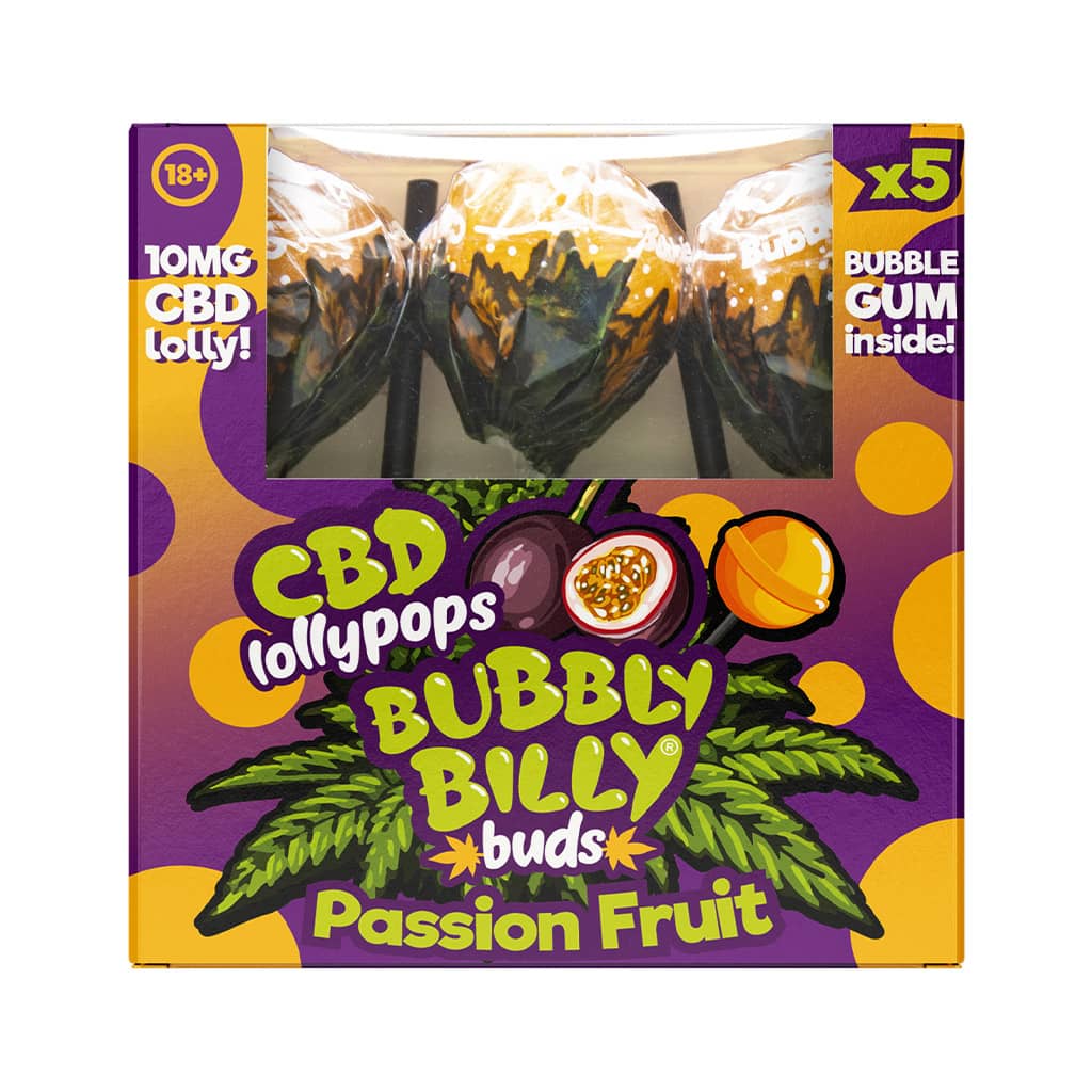 Bubbly Billy Buds 10mg CBD Passion Fruit Lollies with Bubblegum Inside – Gift Box (5 Lollies)