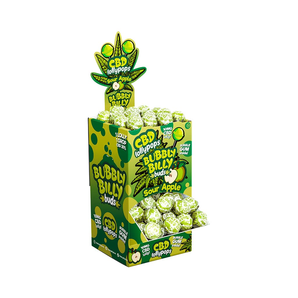 Bubbly Billy Buds 10mg CBD Sour Apple Lollies with Bubblegum Inside – Display Container (100 Lollies)