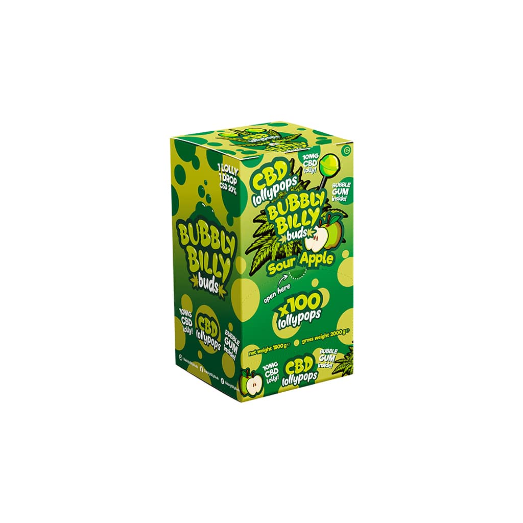 CBD Sour Apple flavored lollies with bubblegum inside. Packs of 100.