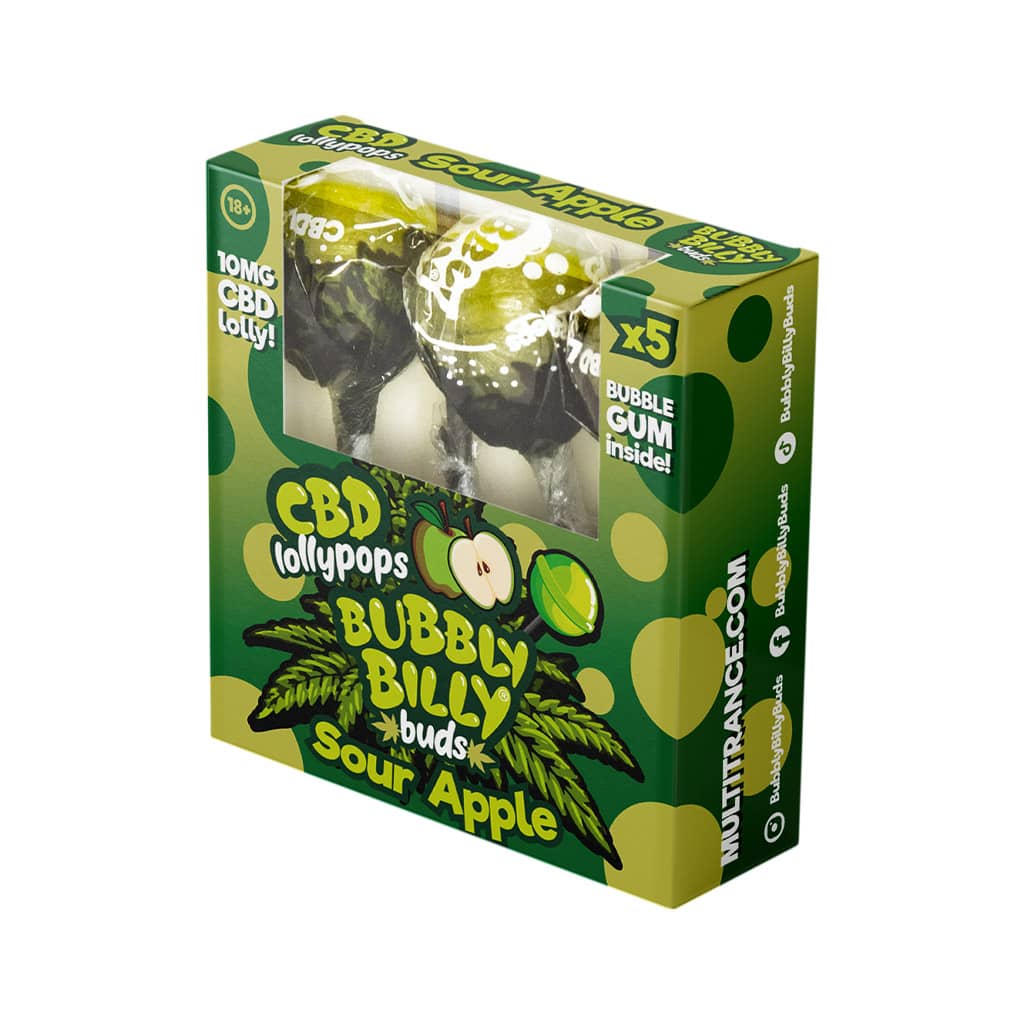 CBD Sour Apple flavored lollies with bubblegum inside.