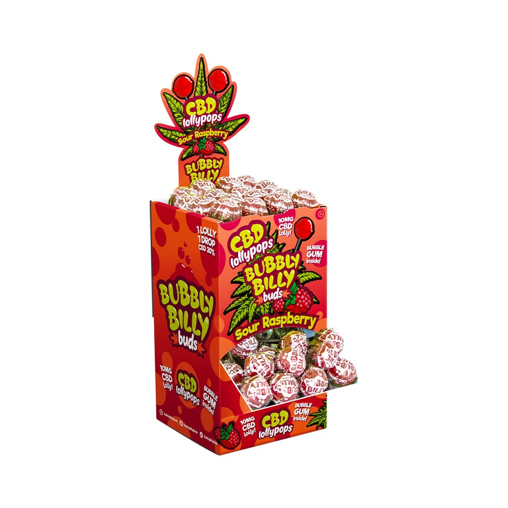 Bubbly Billy Buds 10mg CBD Sour Raspberry Lollies with Bubblegum Inside – Display Container (100 Lollies)