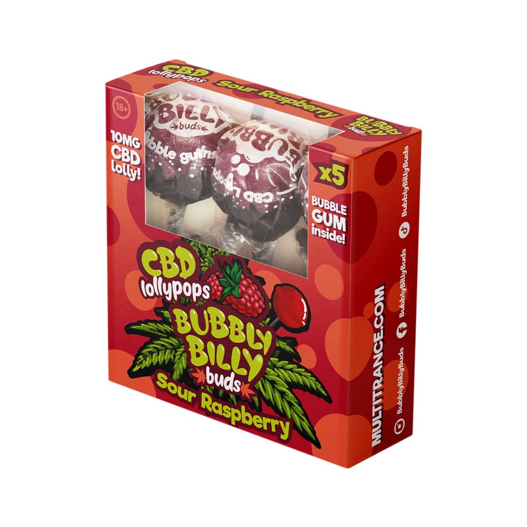 Bubbly Billy Buds 10mg CBD Sour Raspberry Lollies with Bubblegum Inside – Gift Box (5 Lollies)