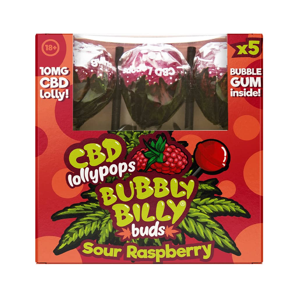 CBD Sour Raspberry flavored lollies with bubblegum inside.