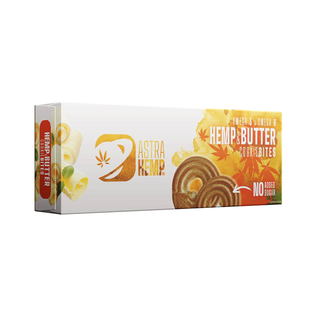 side view of a delicious box of Astra Hemp cannabis butter flavoured cookie bites with no added sugar