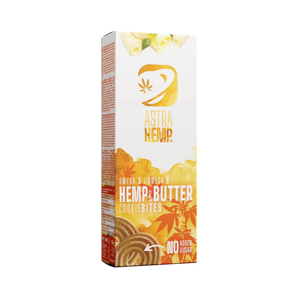a delicious box of Astra Hemp cannabis butter flavoured cookie bites with no added sugar