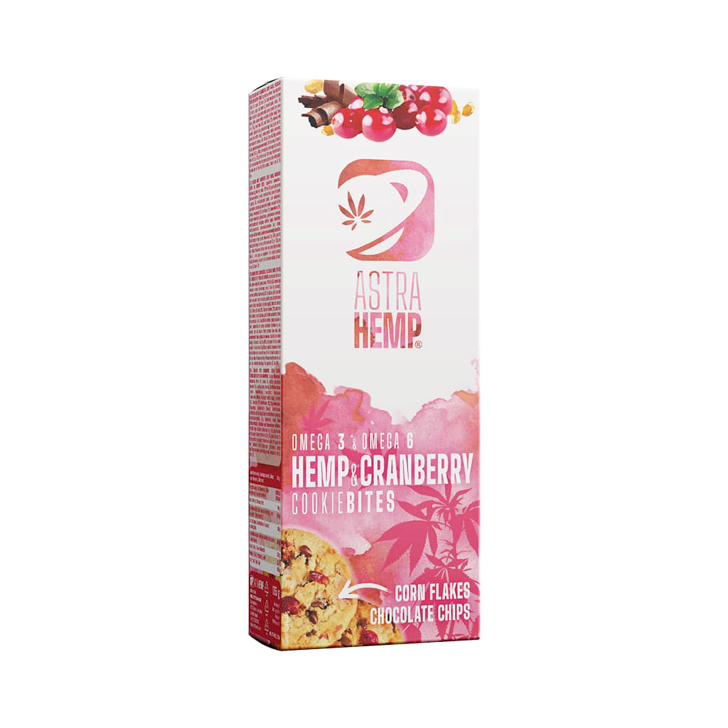 a delicious box of Astra Hemp cannabis cranberry flavoured cookie bites with corn flakes and chocolate chips