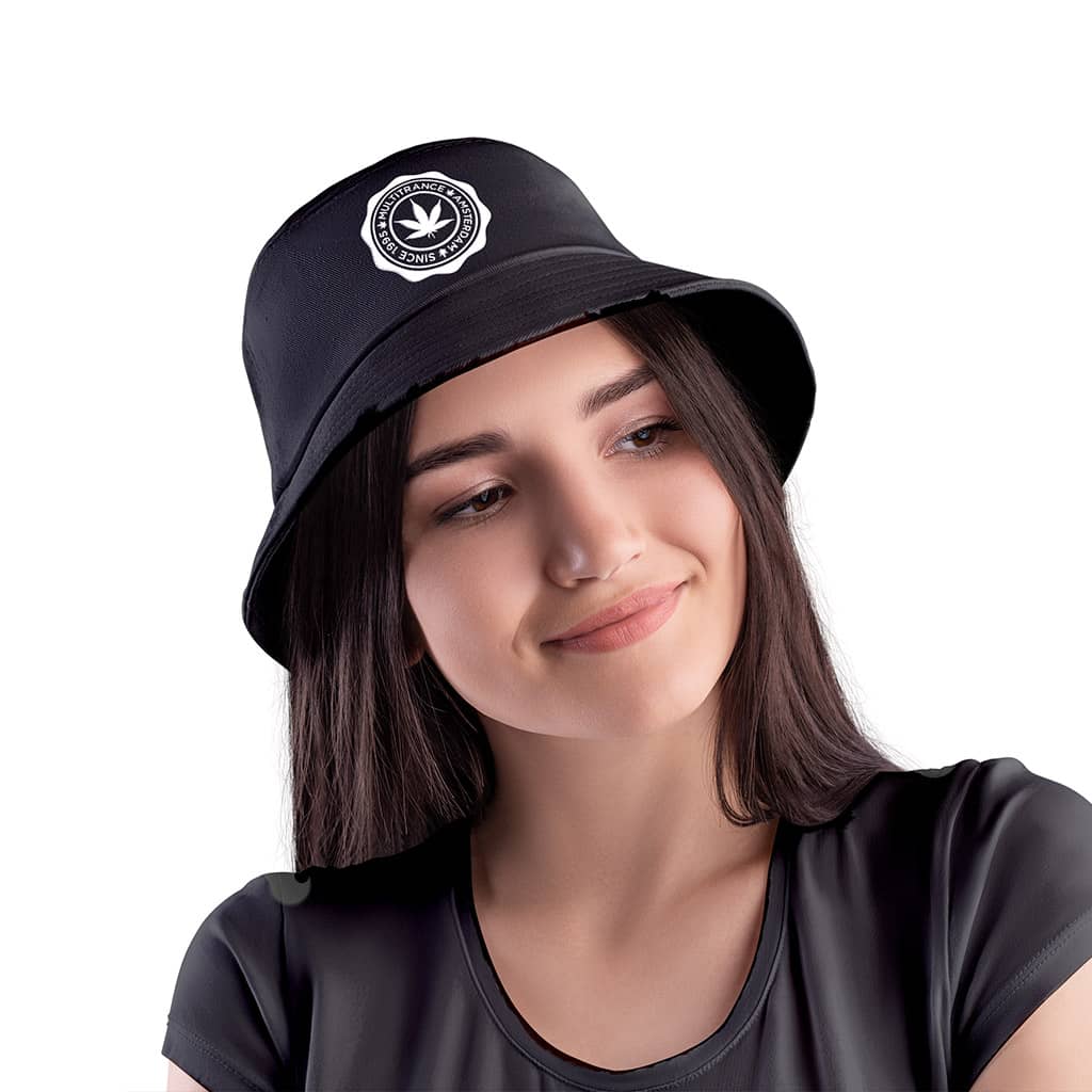a woman wearing a Multitrance bucket hat