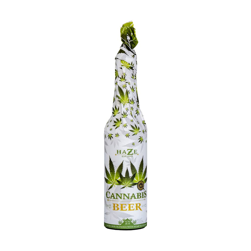 award-winning 330ml bottle of Multitrance cannabis larger beer blended with hemp blossoms and hand-wrapped in white decorated paper