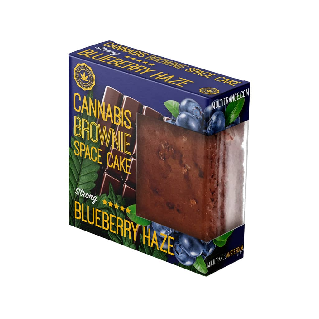 side view of a delicious Multitrance cannabis blueberry brownie infused with strong sativa flavour