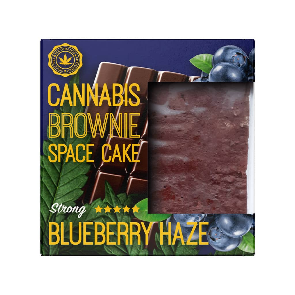 a delicious Multitrance cannabis blueberry brownie infused with strong sativa flavour
