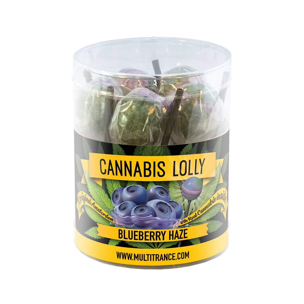 a gift box of Multitrance blueberry haze flavoured cannabis lollies containing 10 lollipops