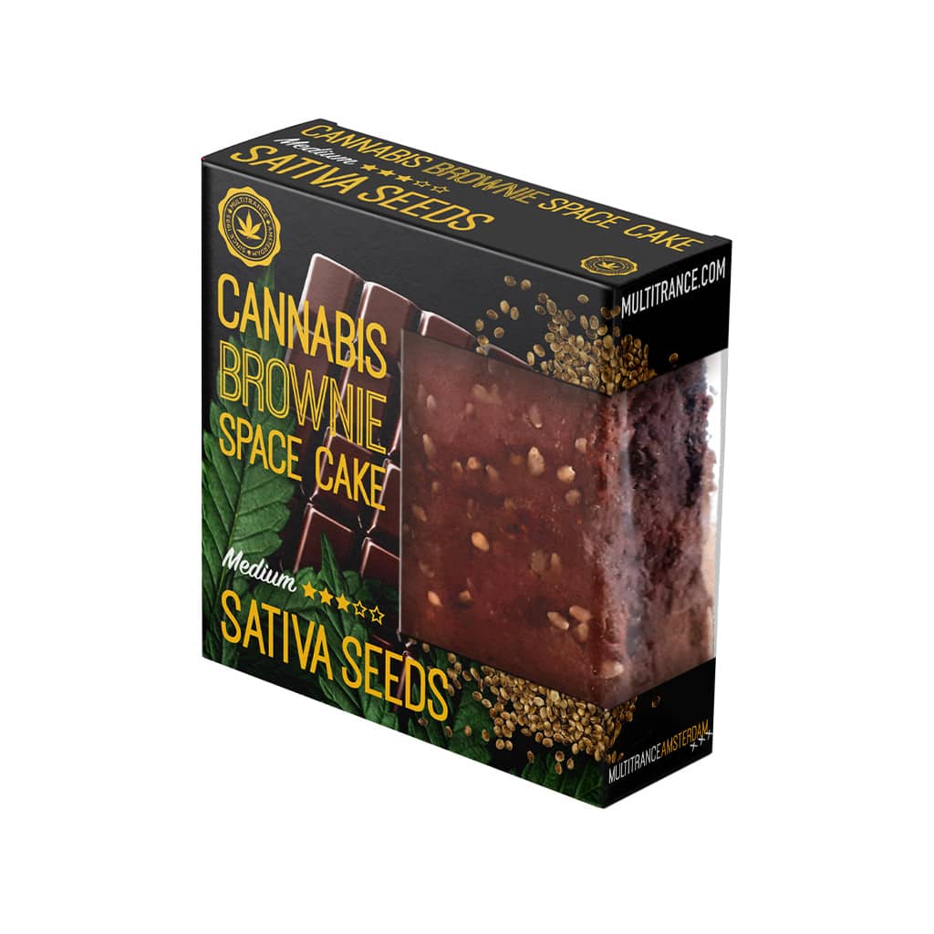 side view of a delicious Multitrance cannabis chocolate brownie infused with roasted cannabis seeds and medium sativa flavour
