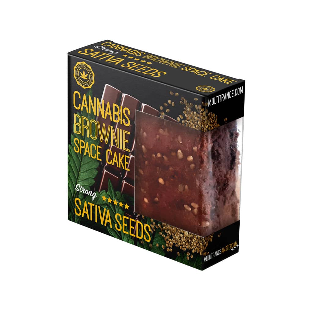 side view of a delicious Multitrance cannabis chocolate brownie infused with roasted cannabis seeds and strong sativa flavour