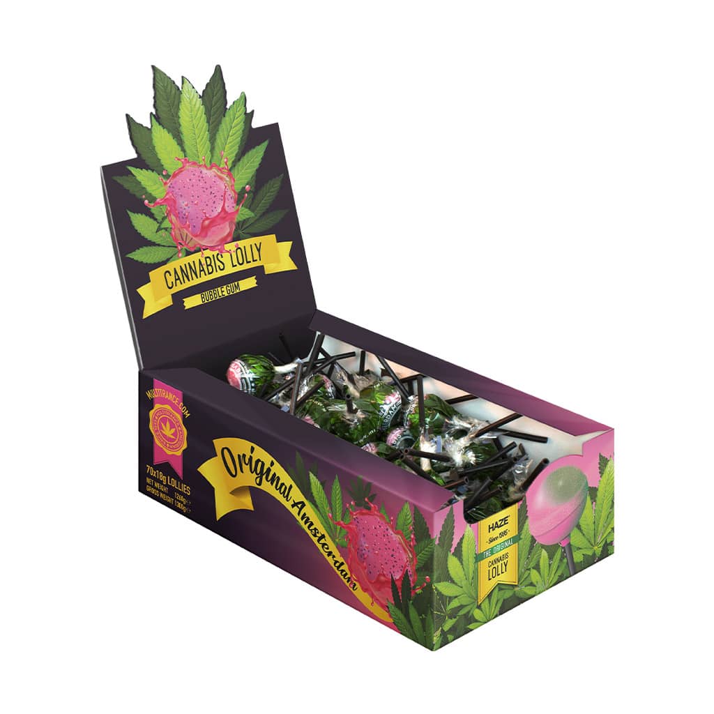 Cannabis Bubble Gum Lollies – Display Carton (70 Lollies)