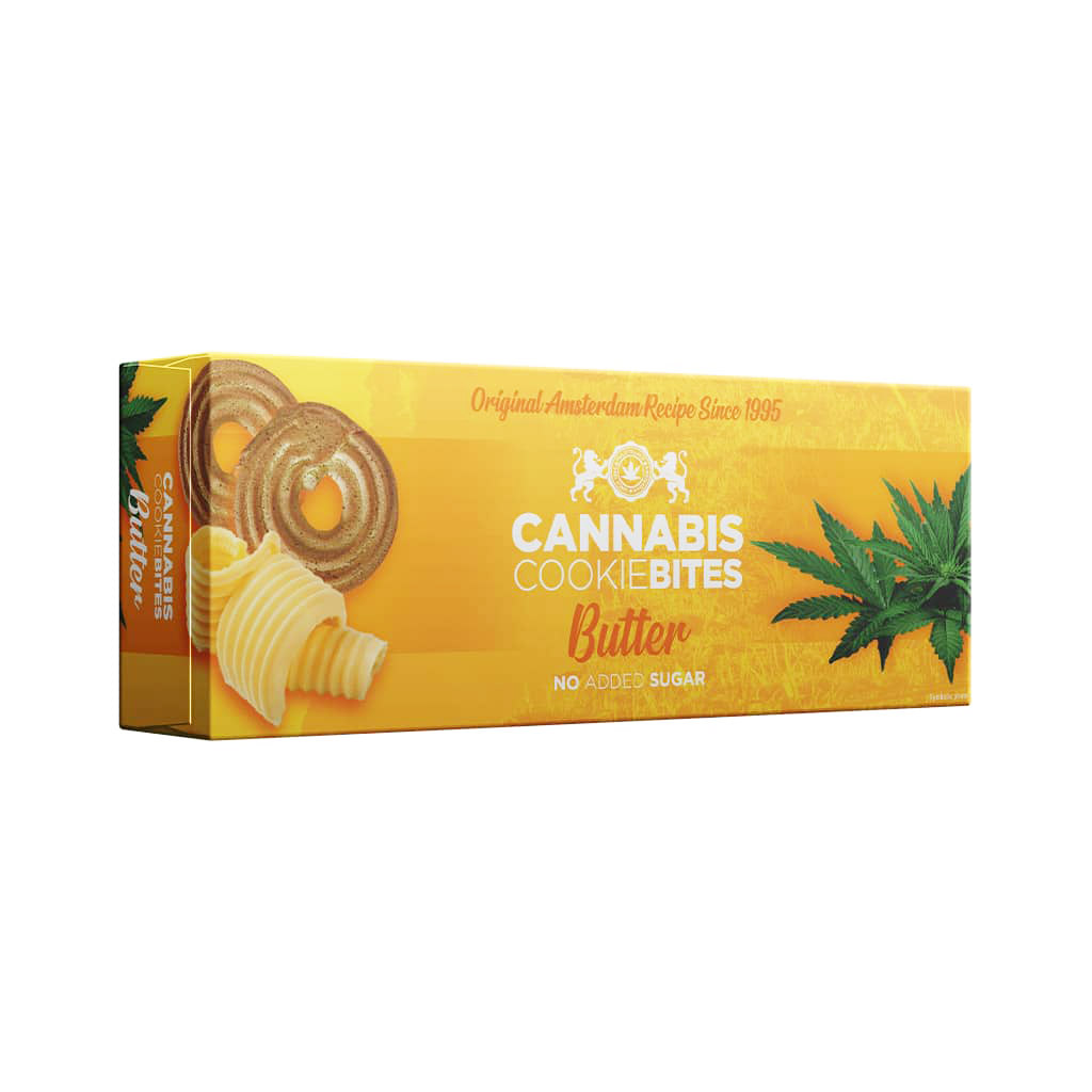 side view of a delicious box of Multitrance cannabis butter flavoured cookie bites with no added sugar