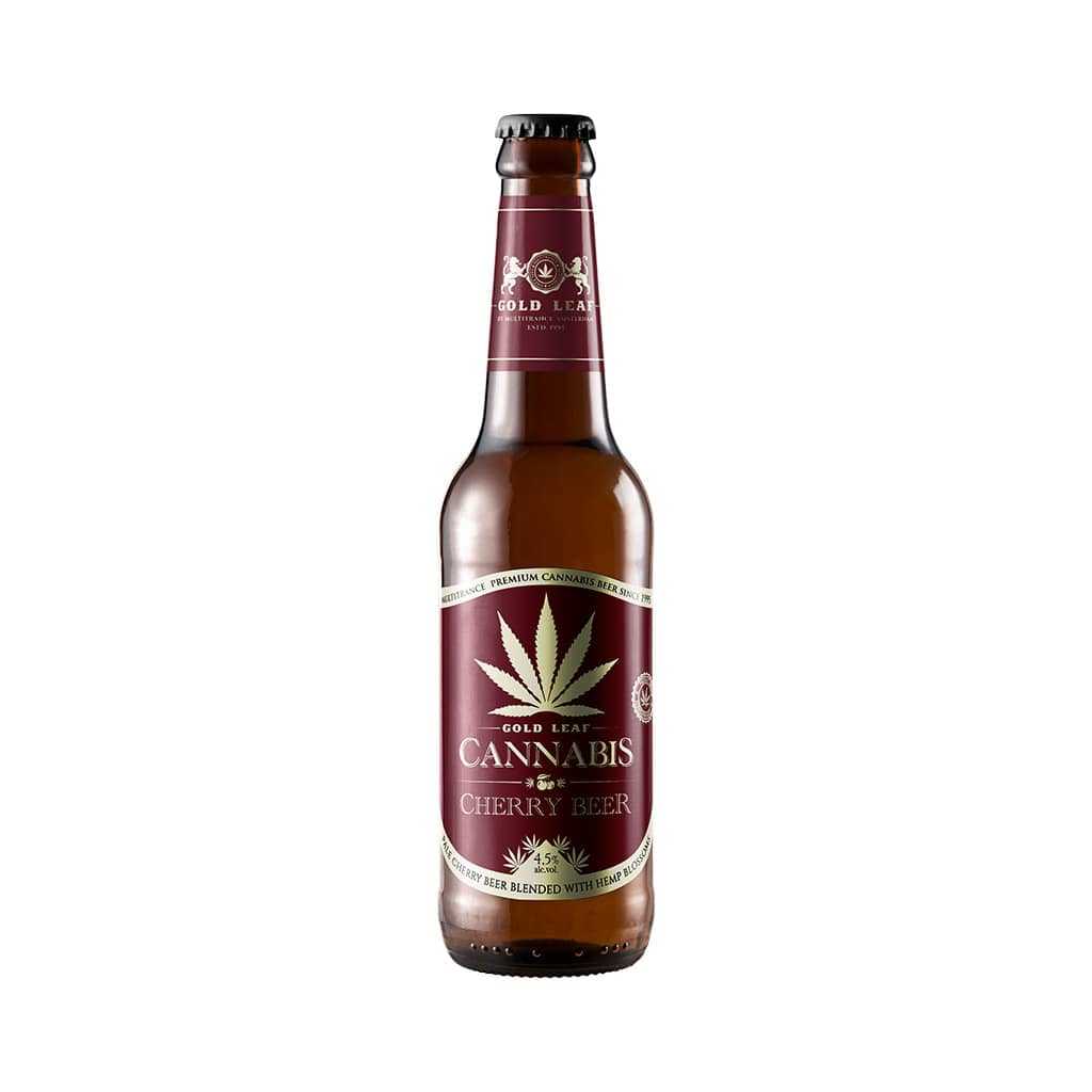award-winning 330ml bottle of Multitrance gold leaf cannabis cherry flavoured beer blended with hemp blossoms