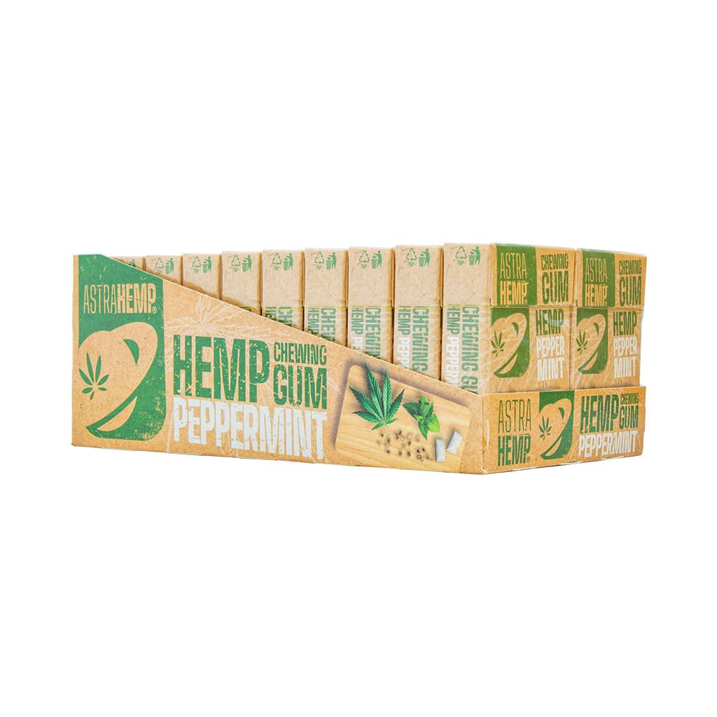a display carton of Multitrance refreshing peppermint flavoured Astrahemp Cannabis chewing gum