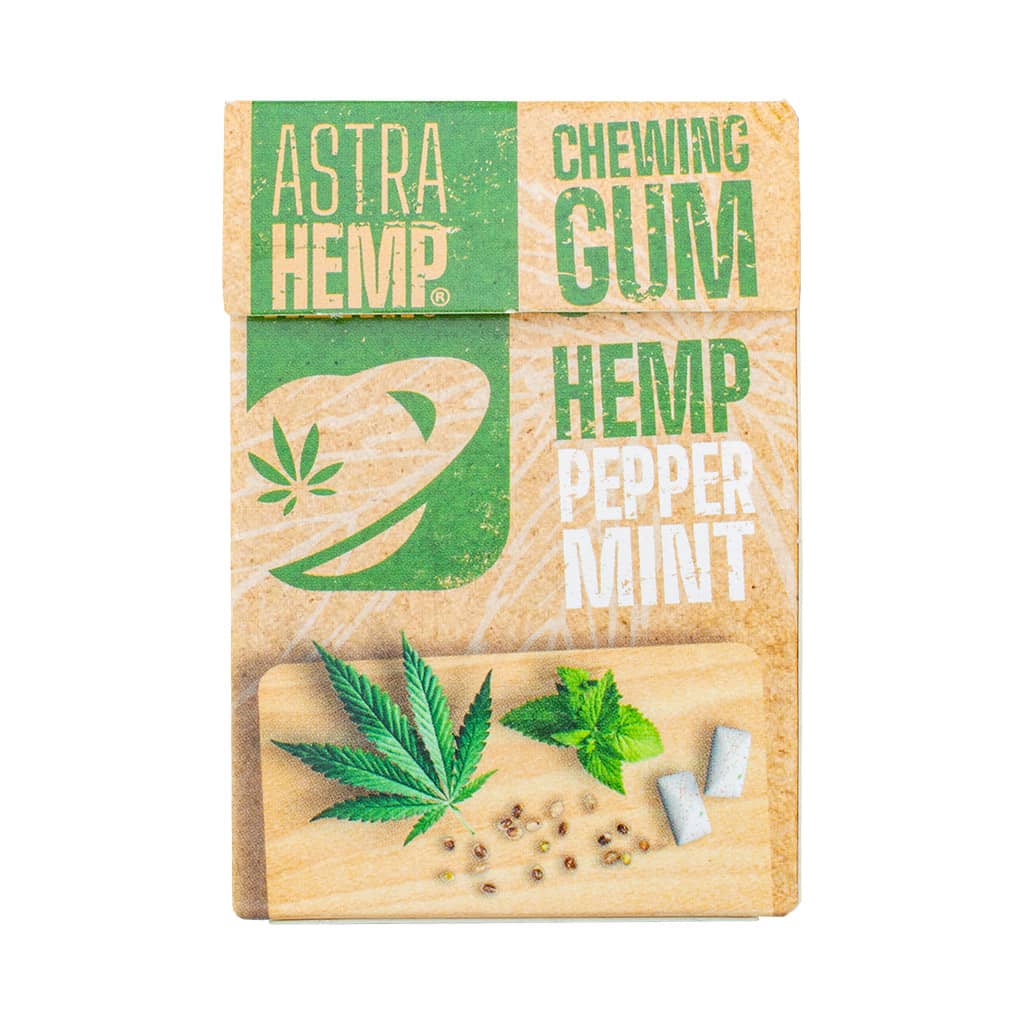 a blister of 17 Multitrance refreshing peppermint flavoured Astrahemp Cannabis chewing gum
