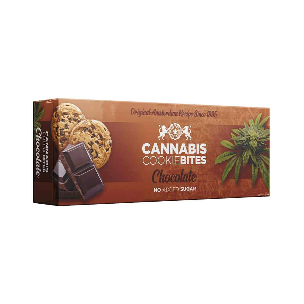 side view of a delicious box of Multitrance cannabis chocolate flavoured cookie bites with no added sugar