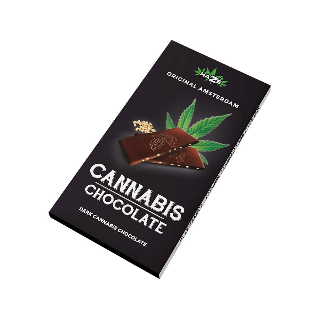 side view of a delicious slab of Multitrance cannabis flavoured dark chocolate