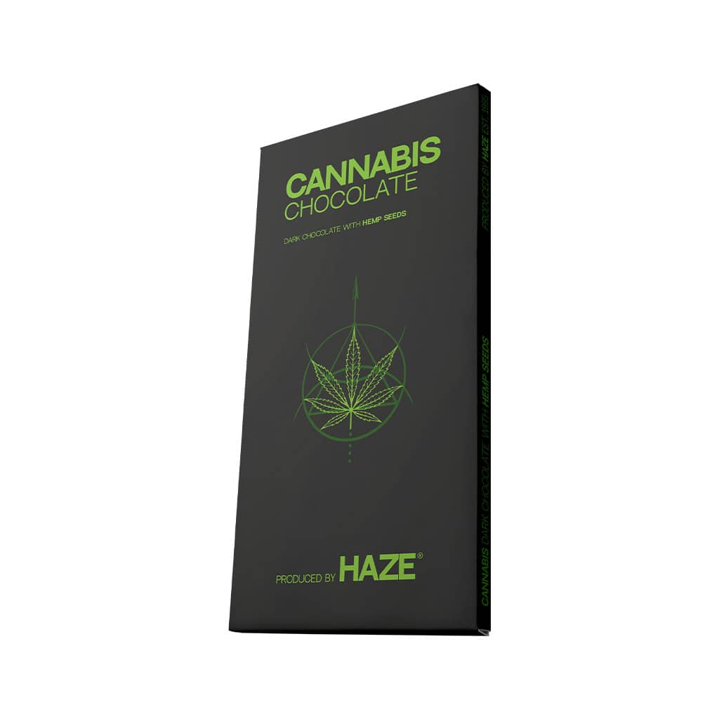 a delicious slab of HaZe cannabis flavoured dark chocolate with hemp seeds