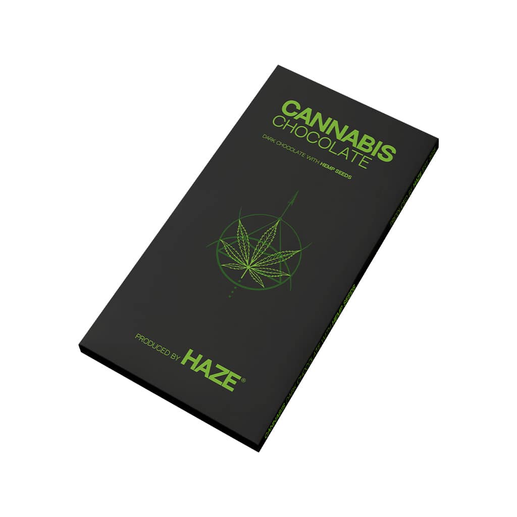 side view of a delicious slab of HaZe cannabis flavoured dark chocolate with hemp seeds