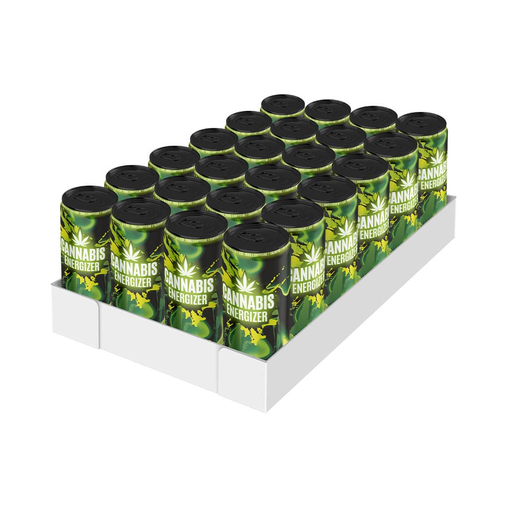 a tray of Multitrance cannabis flavoured energy drink