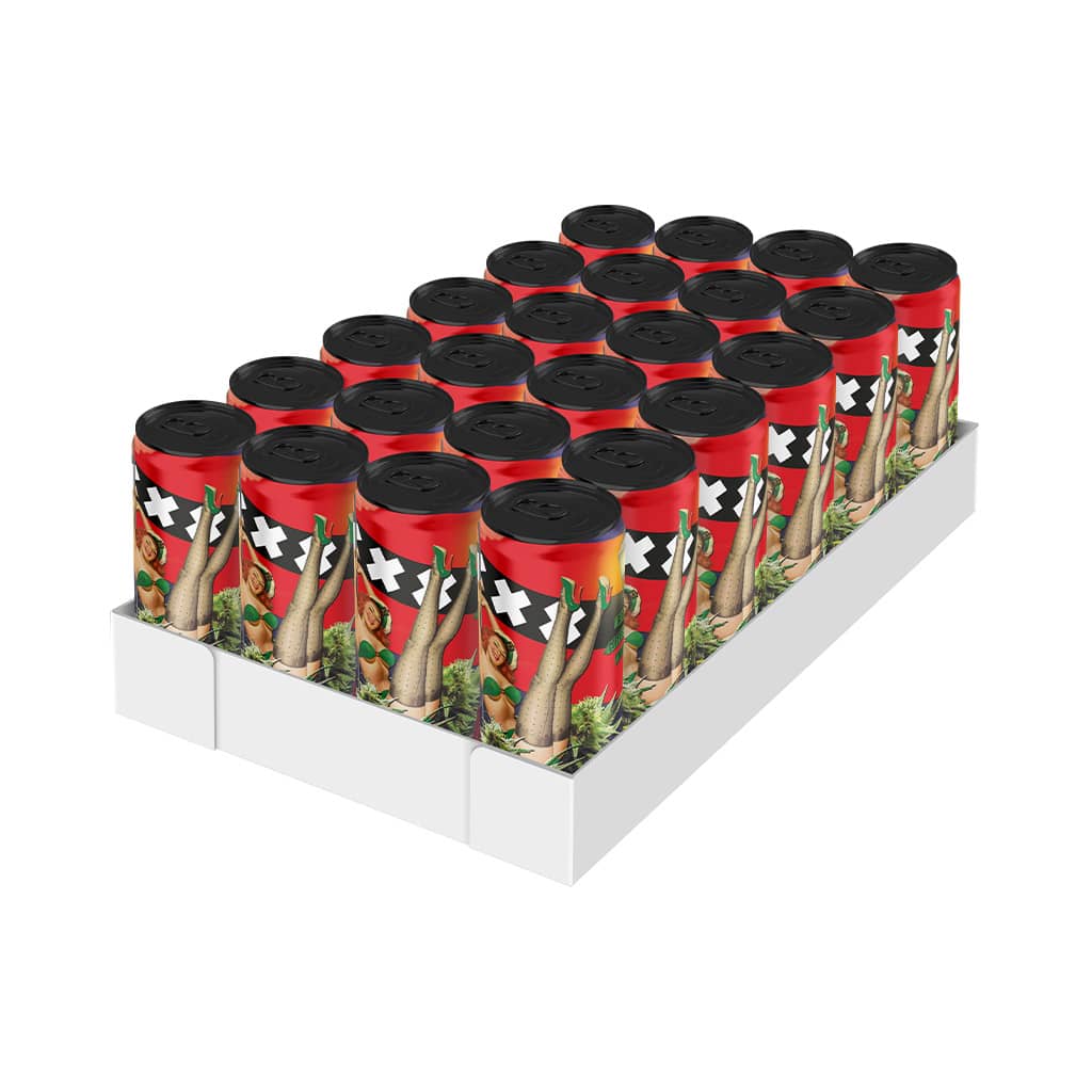 a tray of of Multitrance cannabis flavoured crazy amsterdam energy drink
