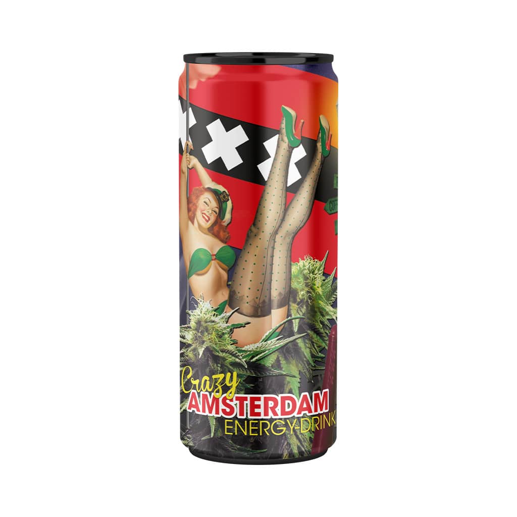 a 250ml can of Multitrance cannabis flavoured crazy amsterdam energy drink